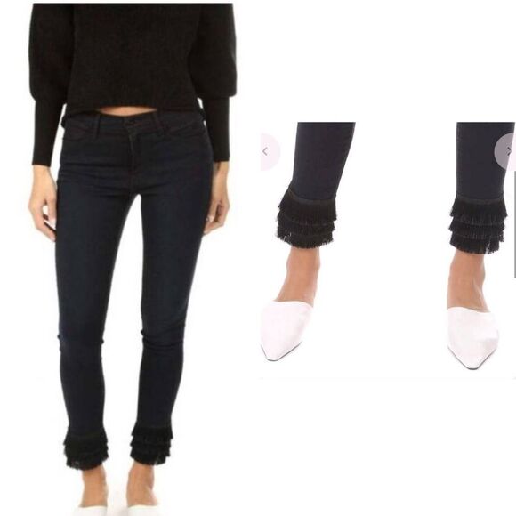 Frame Denim | Byxbee Dark Wash Le High Skinny Jeans with Tiered Fringe- Size 28 - Picture 1 of 14